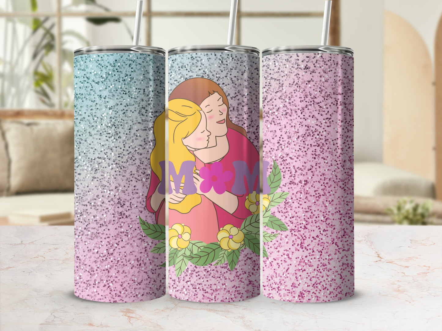 Glittery tumbler with mother and child hugging, "Mom" text, and floral accents.