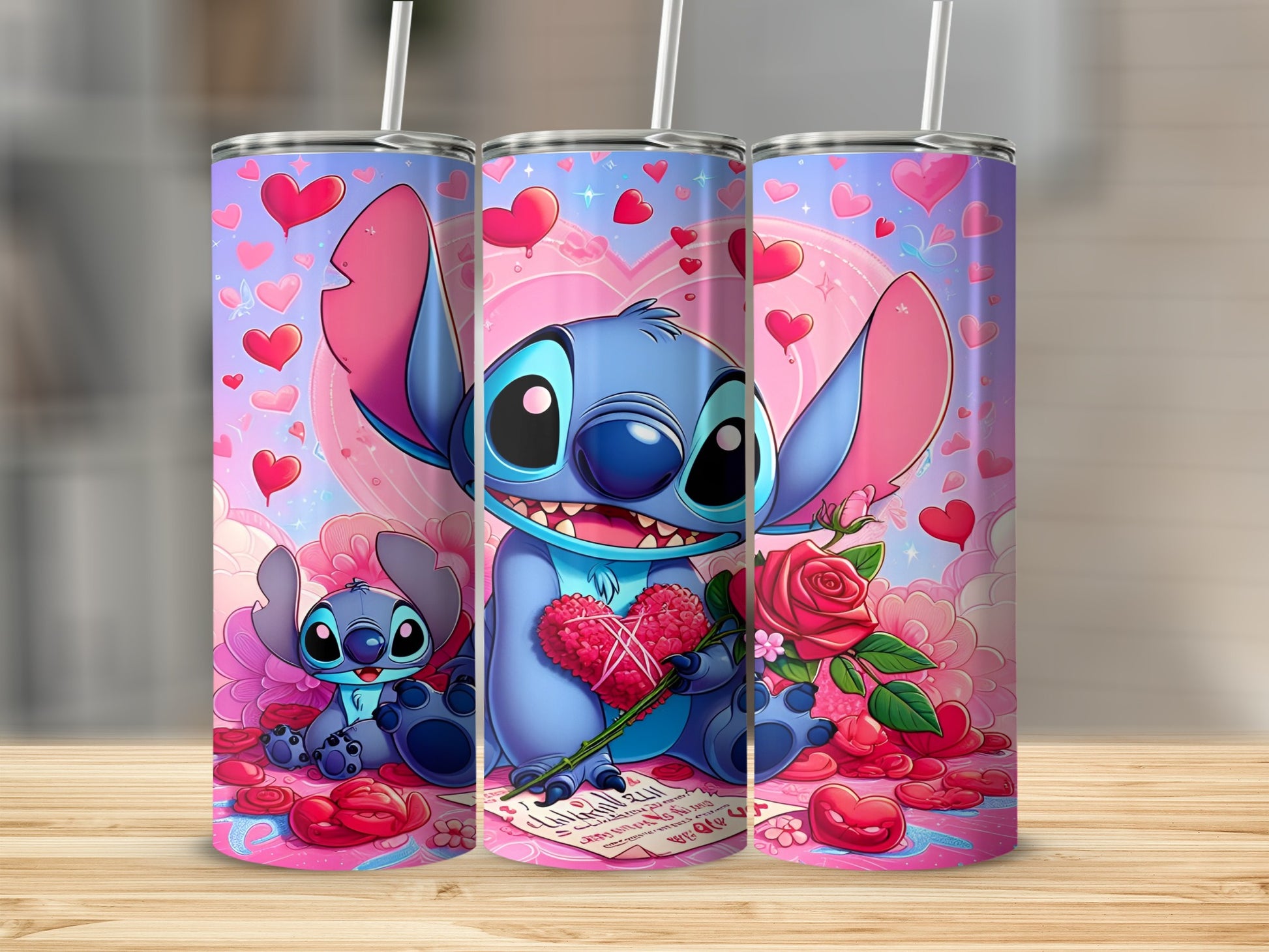 Stitch with hearts and roses holding a rose and heart, with a smaller Stitch.