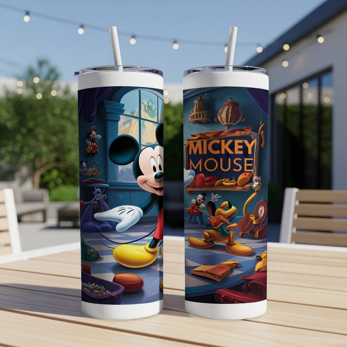 Mickey Mouse illustration on two insulated tumblers with straws.