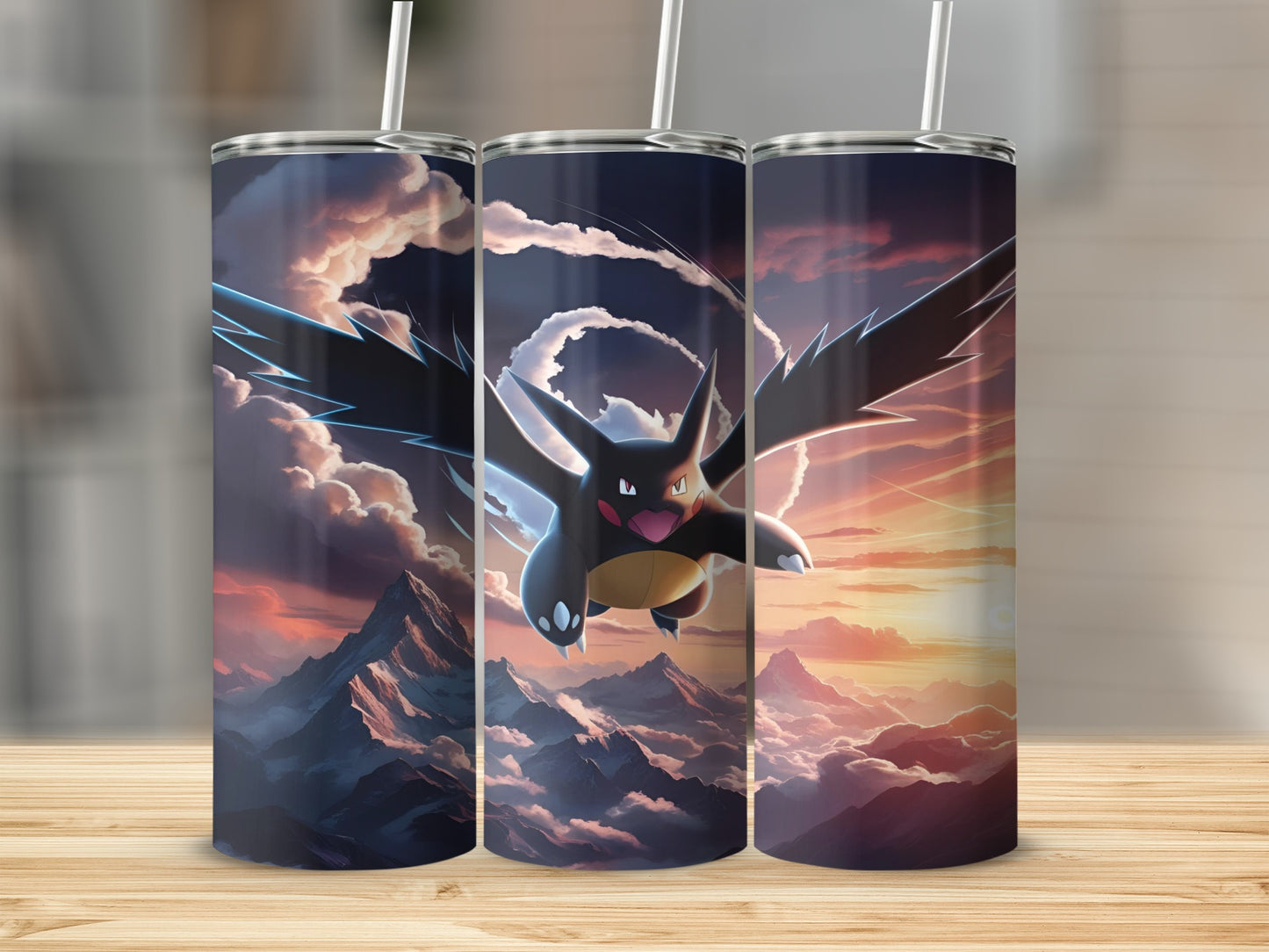 Black dragon creature flying over mountains at sunset.