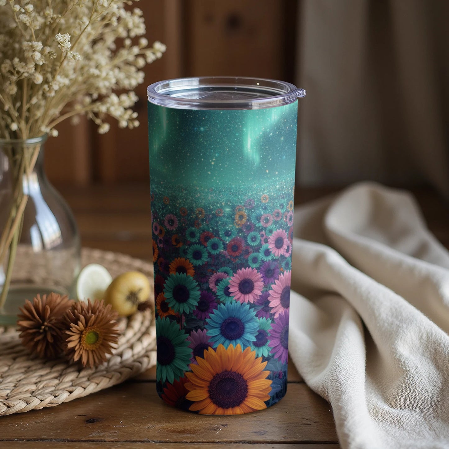 Floral Fields and Northern Lights Tumbler Design