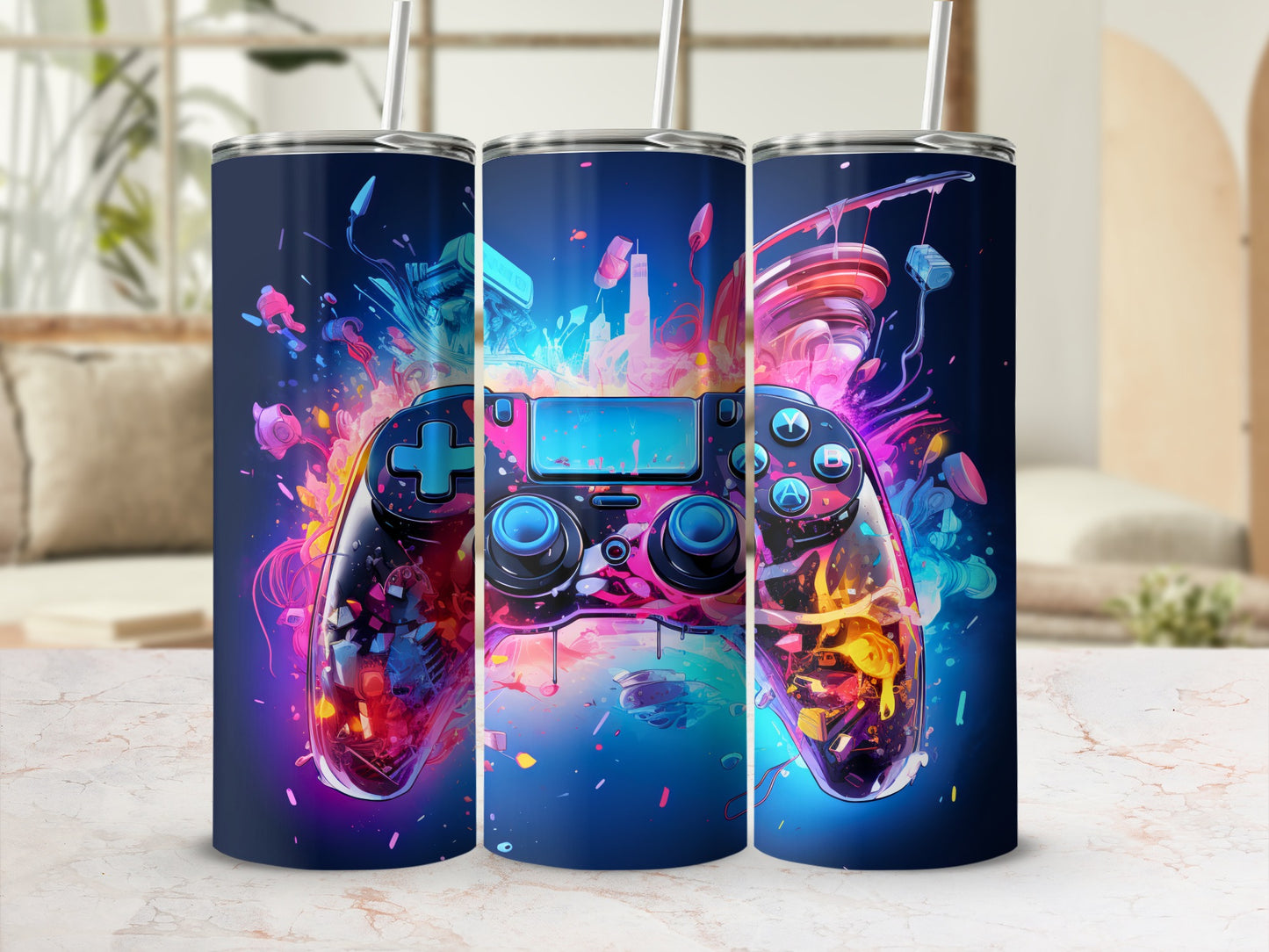 Triptych of tumblers featuring a vibrant, abstract video game controller graphic.