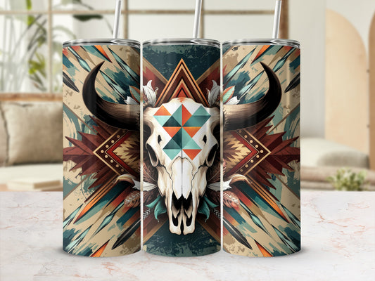 Bull skull with geometric pattern and feathers on a skinny tumbler.