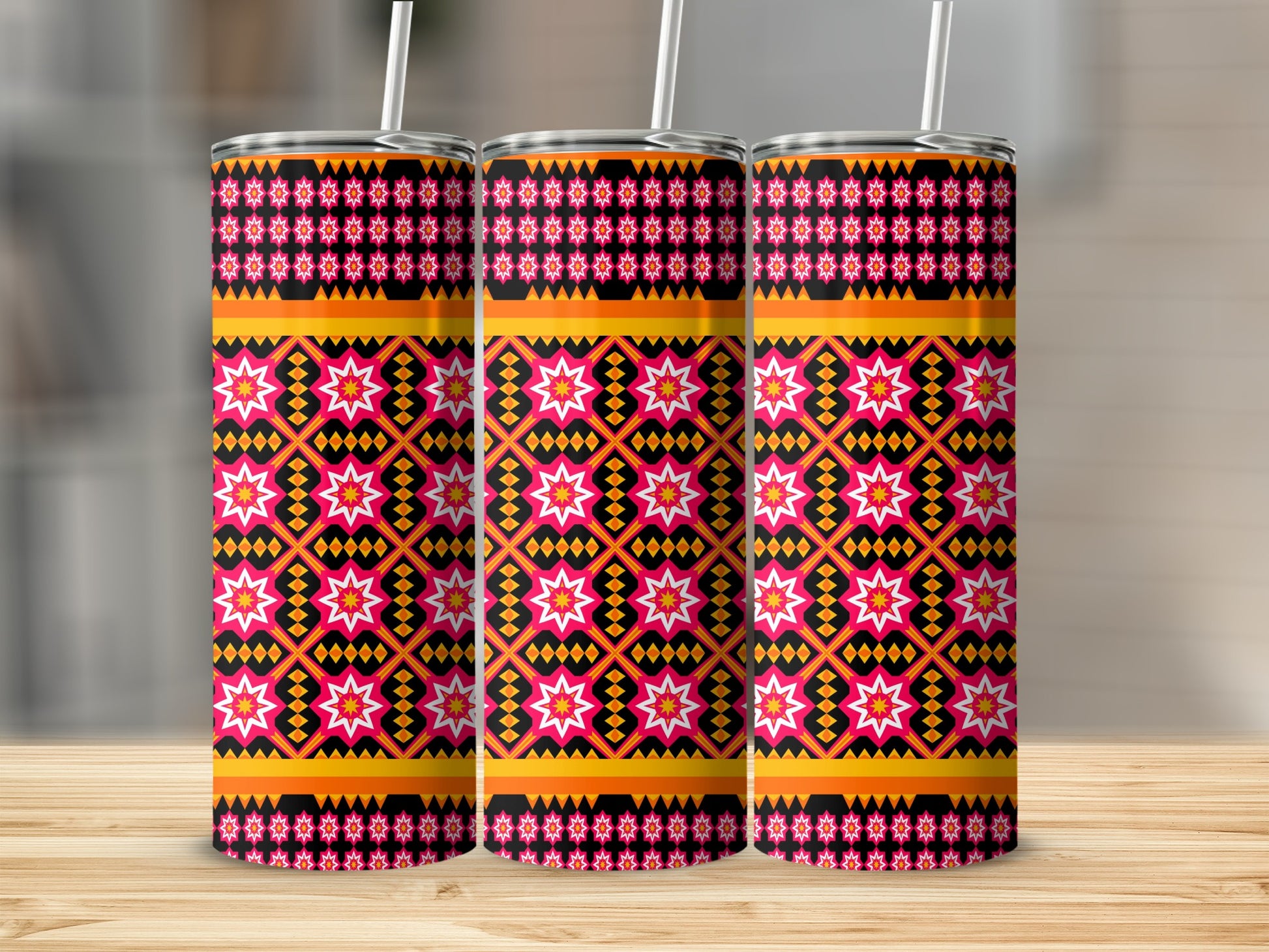 Vibrant Geometric Pattern Drink Tumbler Design
