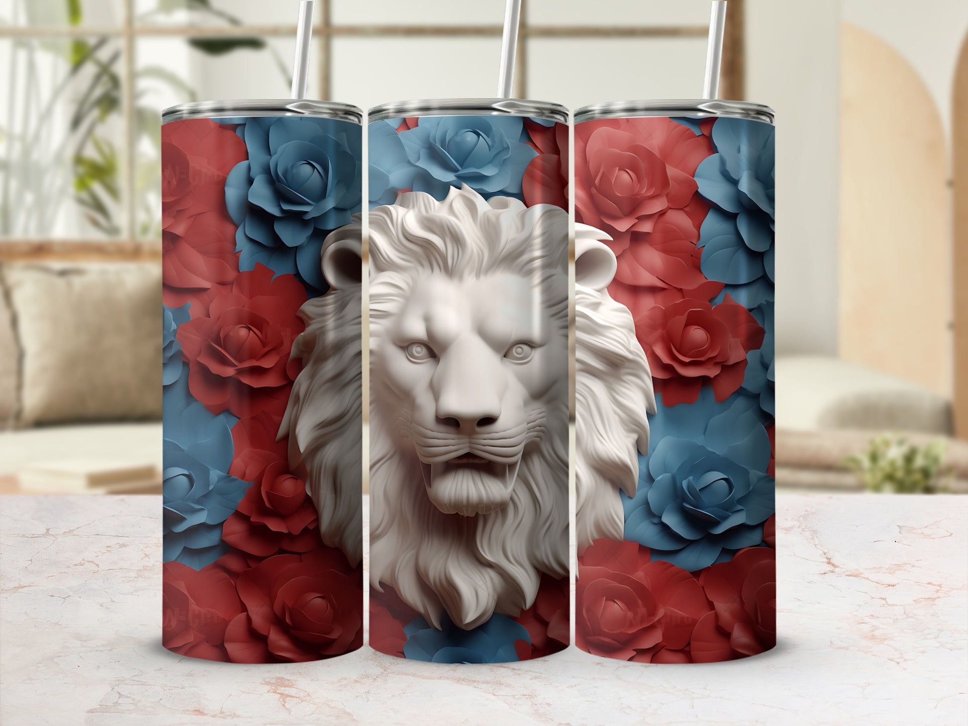 Three tumblers with red and blue floral patterns and a white lion head design.