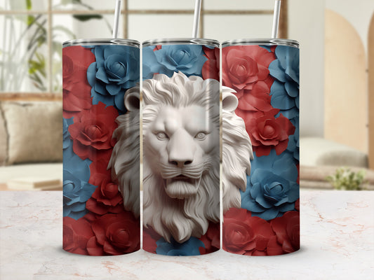 Three tumblers with red and blue floral patterns and a white lion head design.