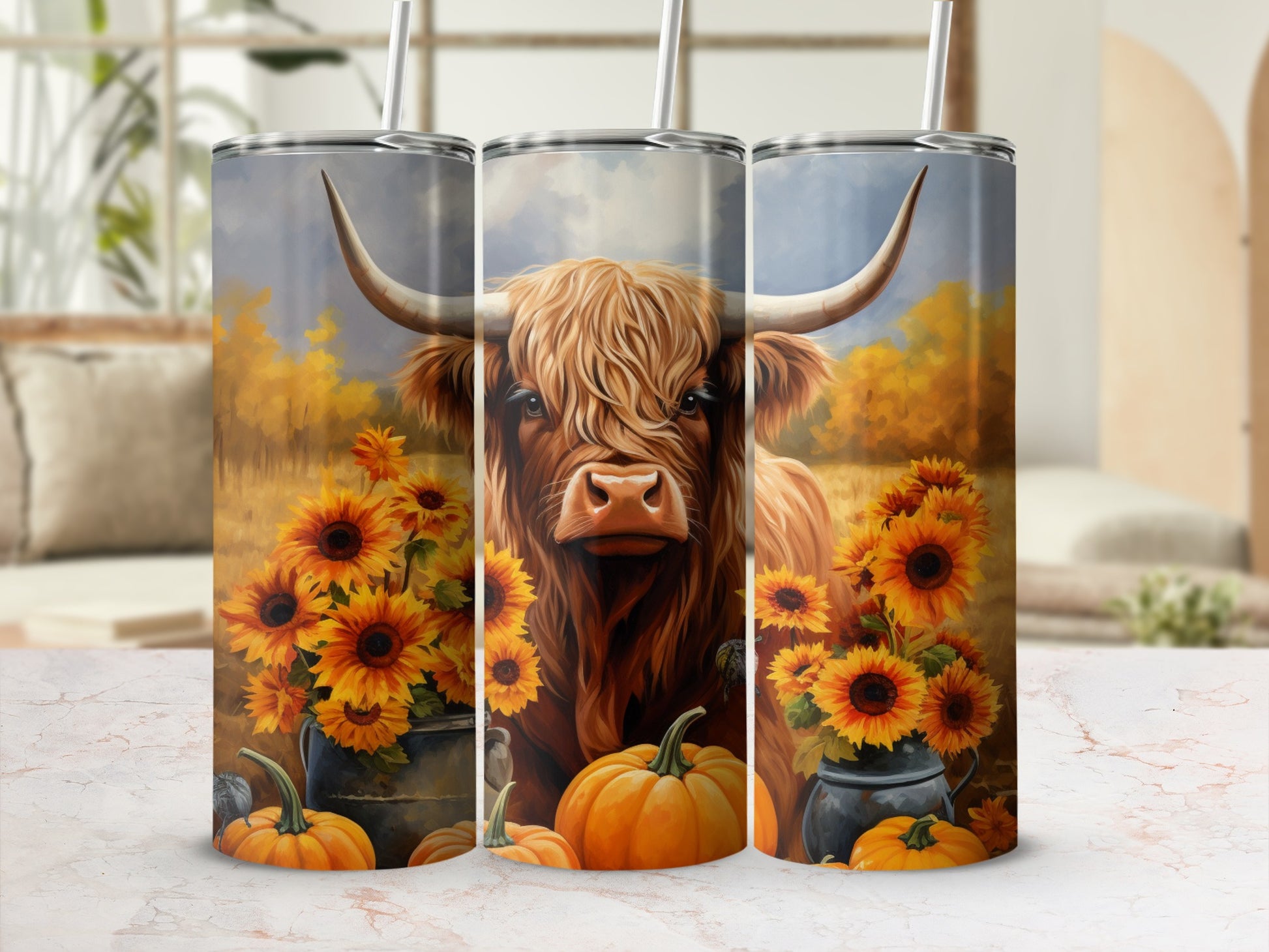 Autumn Highland Cow with Sunflowers and Pumpkins Tumbler
