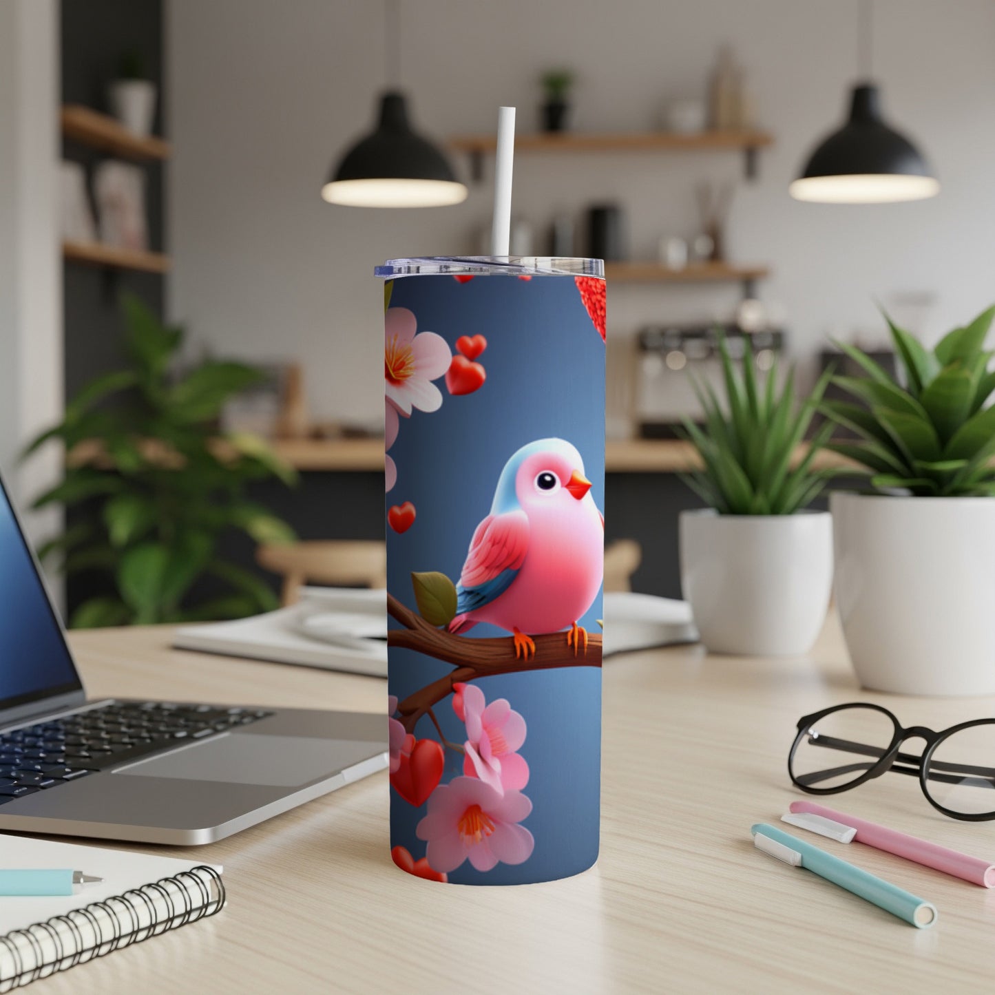 Pink and blue cartoon bird on a branch with hearts, on a blue background.