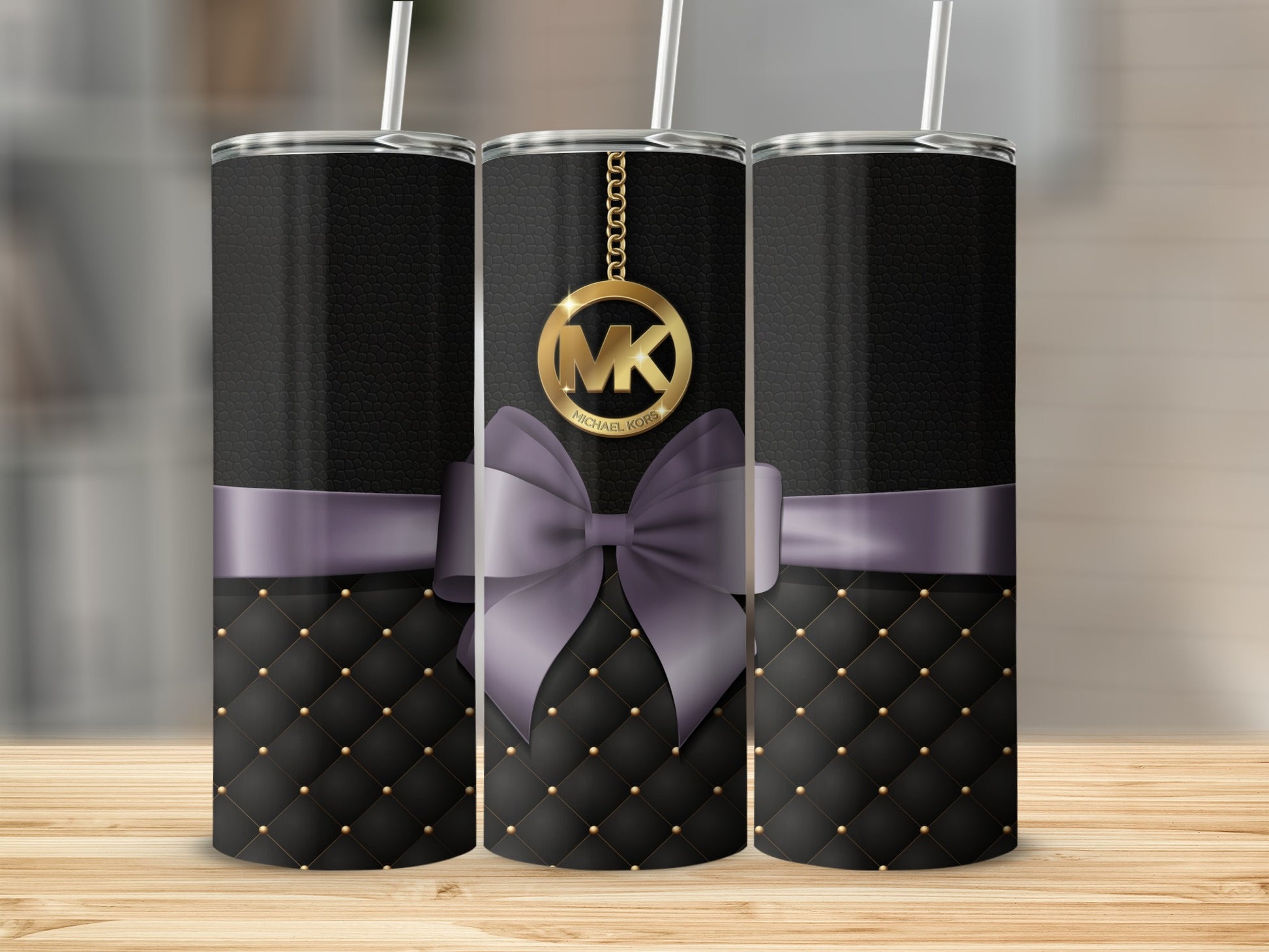 Elegant Black Quilted Tumbler with Purple Bow Design