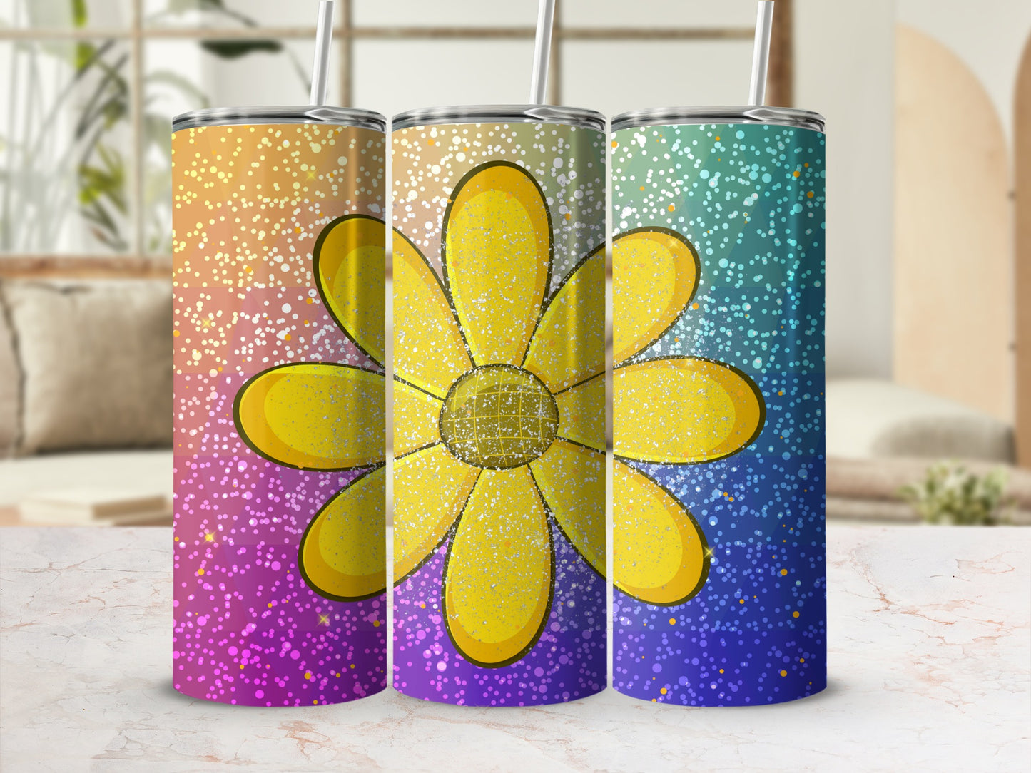 Colorful Gradient Sunflower with Glitter Tumbler Product