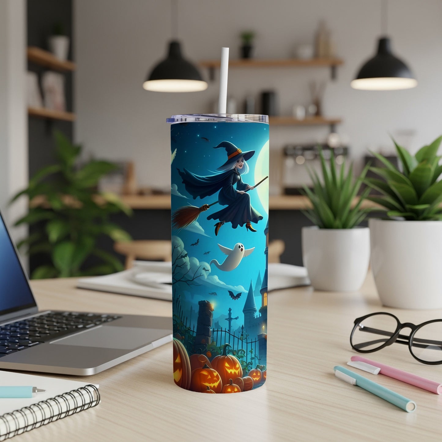Halloween tumbler with witch, ghost, pumpkins, and castle design.