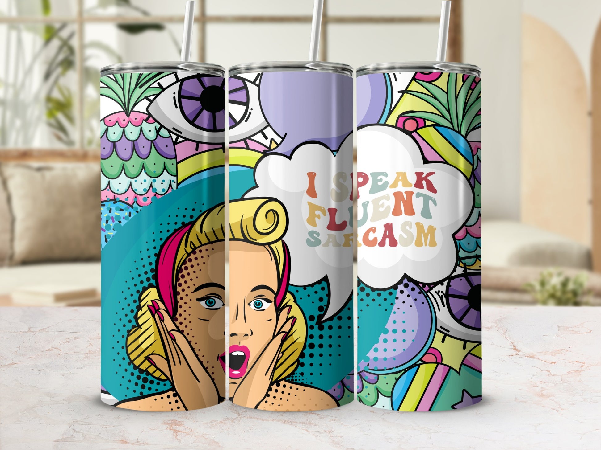 Colorful Pop Art Insulated Tumbler with Straw Flask