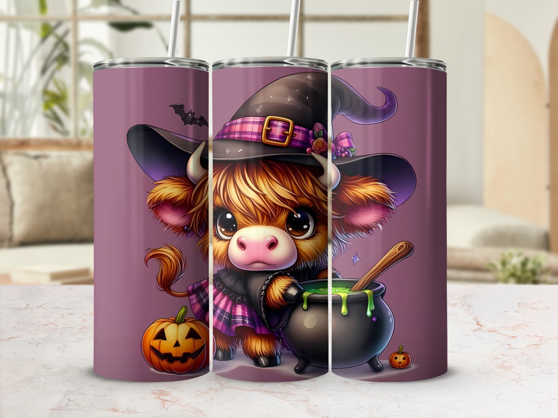 Cute Halloween Cow Witch with Pumpkin Design Tumbler