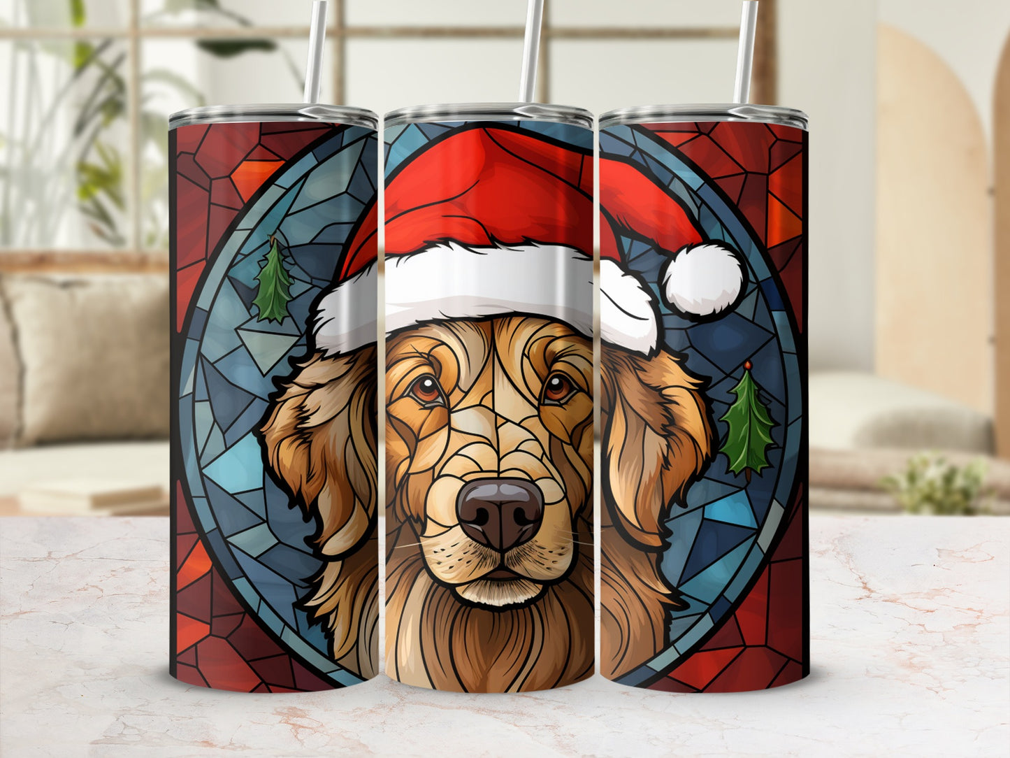 Golden Retriever wearing a Santa hat in stained glass design.