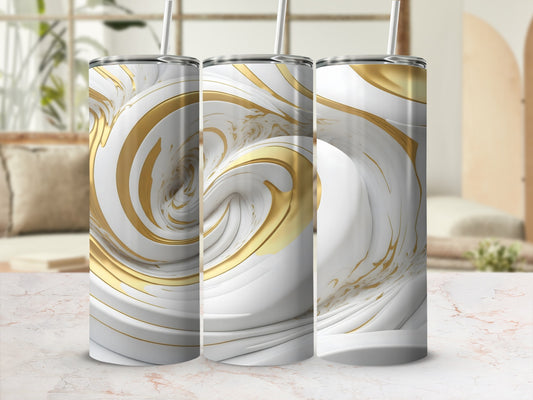 Three tumblers with swirling white and gold marble patterns.