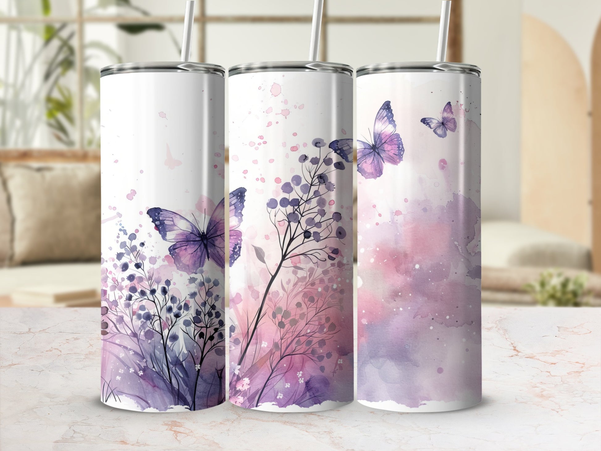 Three tumblers with purple butterfly and floral watercolor design.