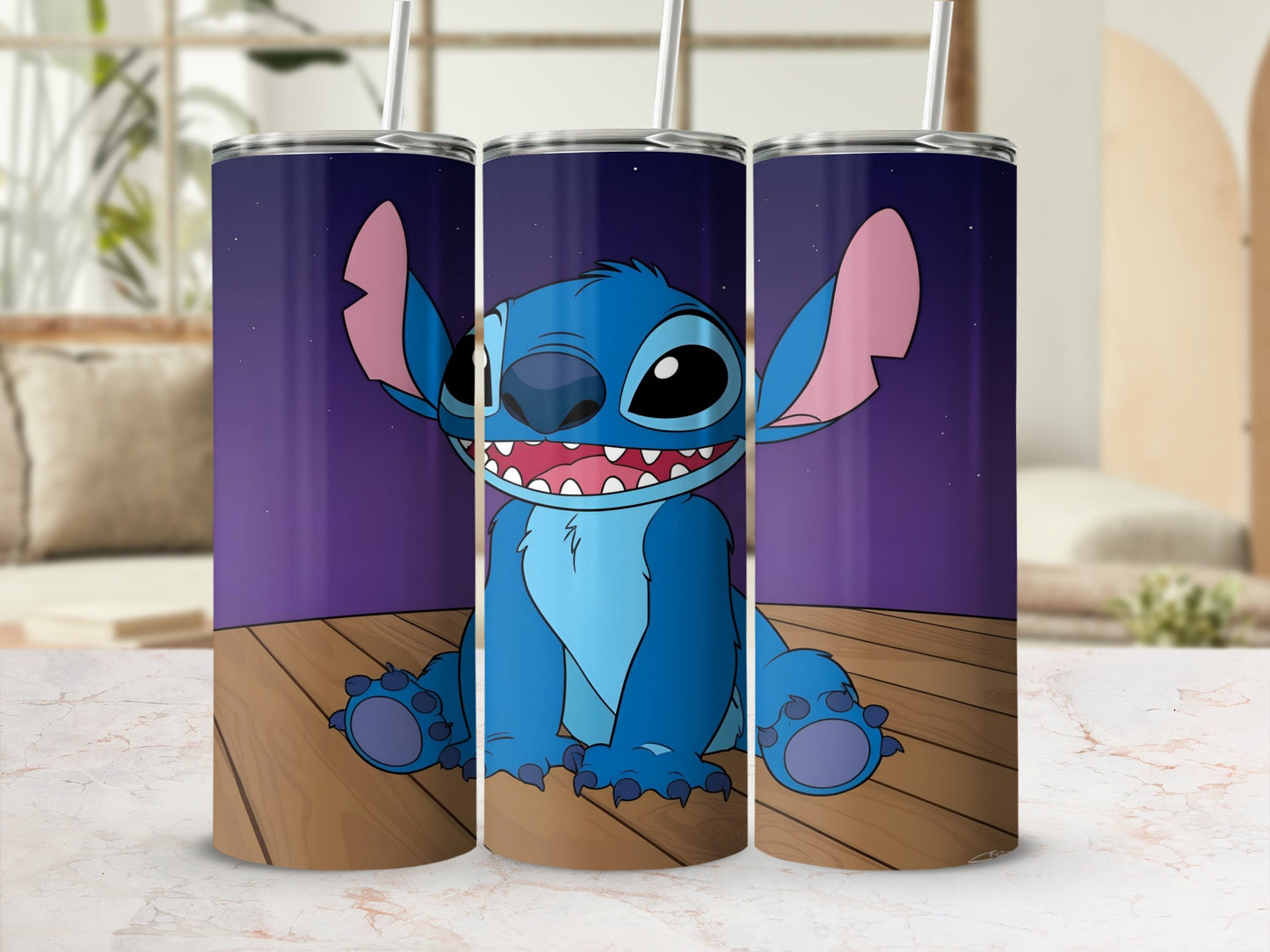 Blue Stitch character sitting on wooden planks against a purple starry night background.