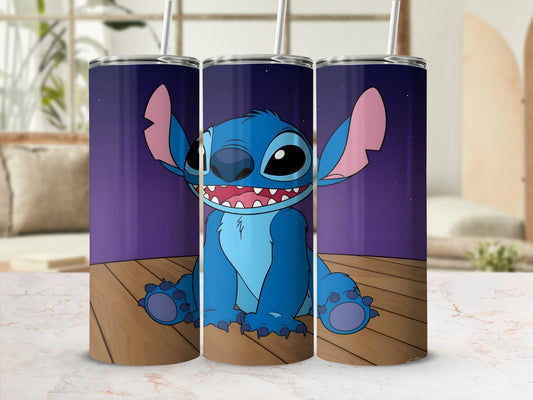 Blue Stitch character sitting on wooden planks against a purple starry night background.