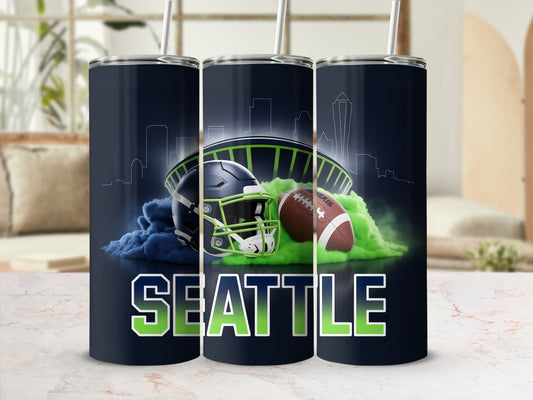 Seattle Seahawks helmet and football with stadium and smoke graphics.