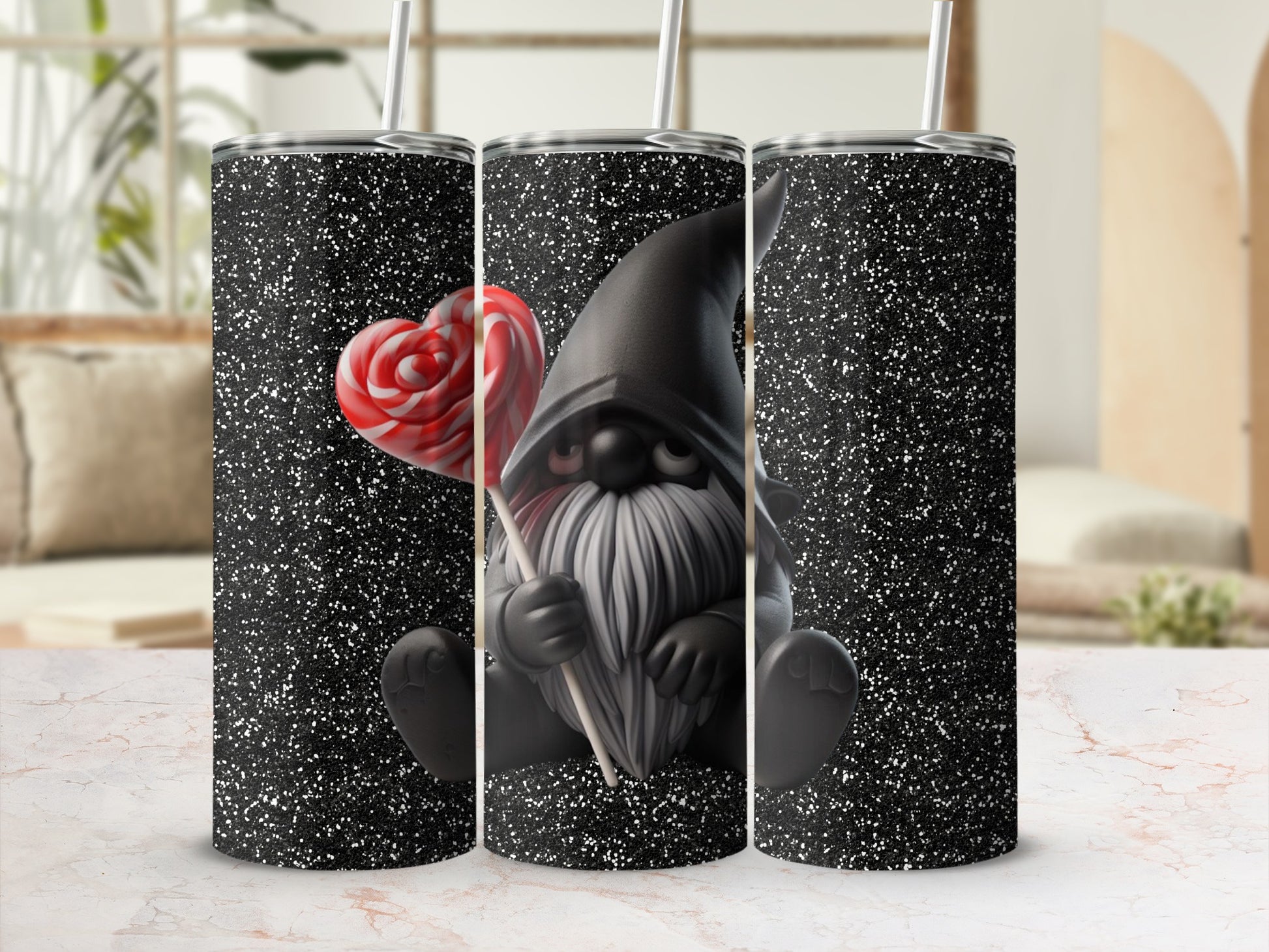 Gnome Holding Candy Heart Black Sparkle Tumbler