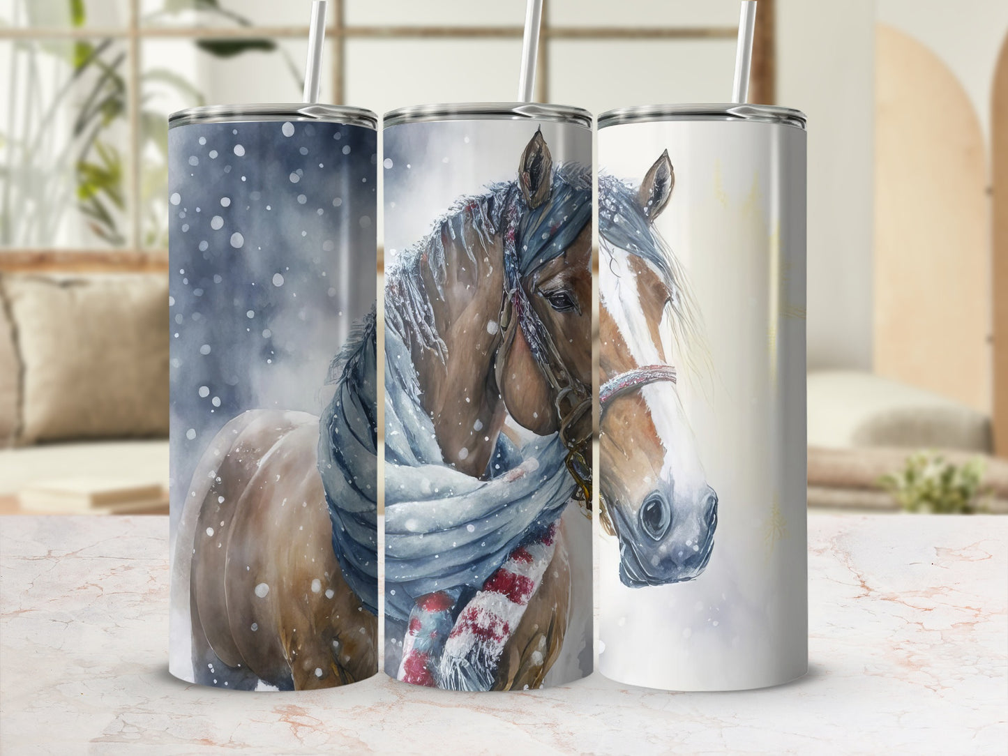 Three tumblers featuring a brown horse wearing a scarf in a snowy scene.