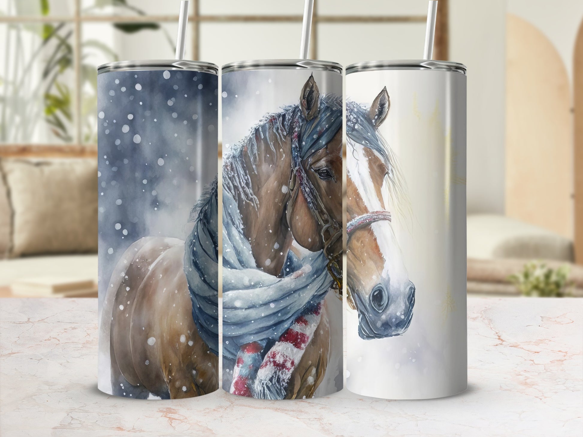 Three tumblers featuring a brown horse wearing a scarf in a snowy scene.
