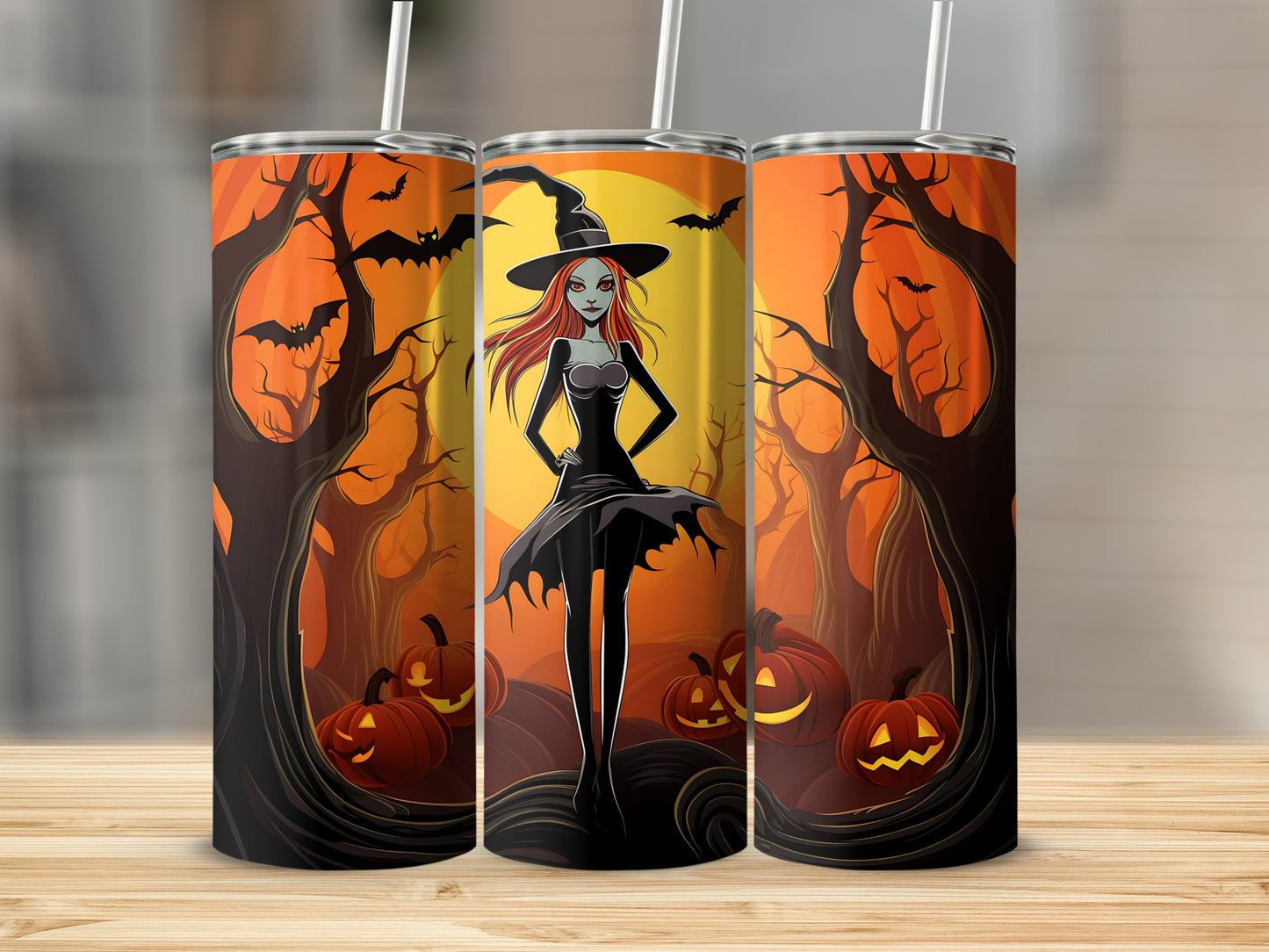 Halloween tumblers with a witch, bats, pumpkins, and spooky trees.
