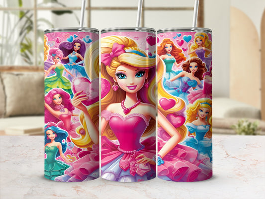 Three Barbie-themed tumblers with hearts and pink dresses.