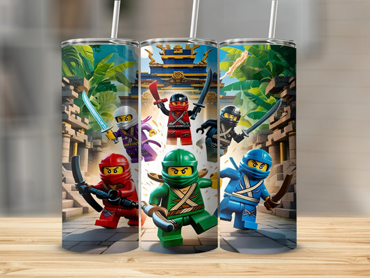 LEGO Ninjago characters in action poses in front of a temple.