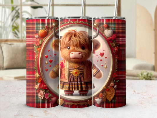 Fluffy highland cow in ornate dress and necklace, framed by hearts and plaid.