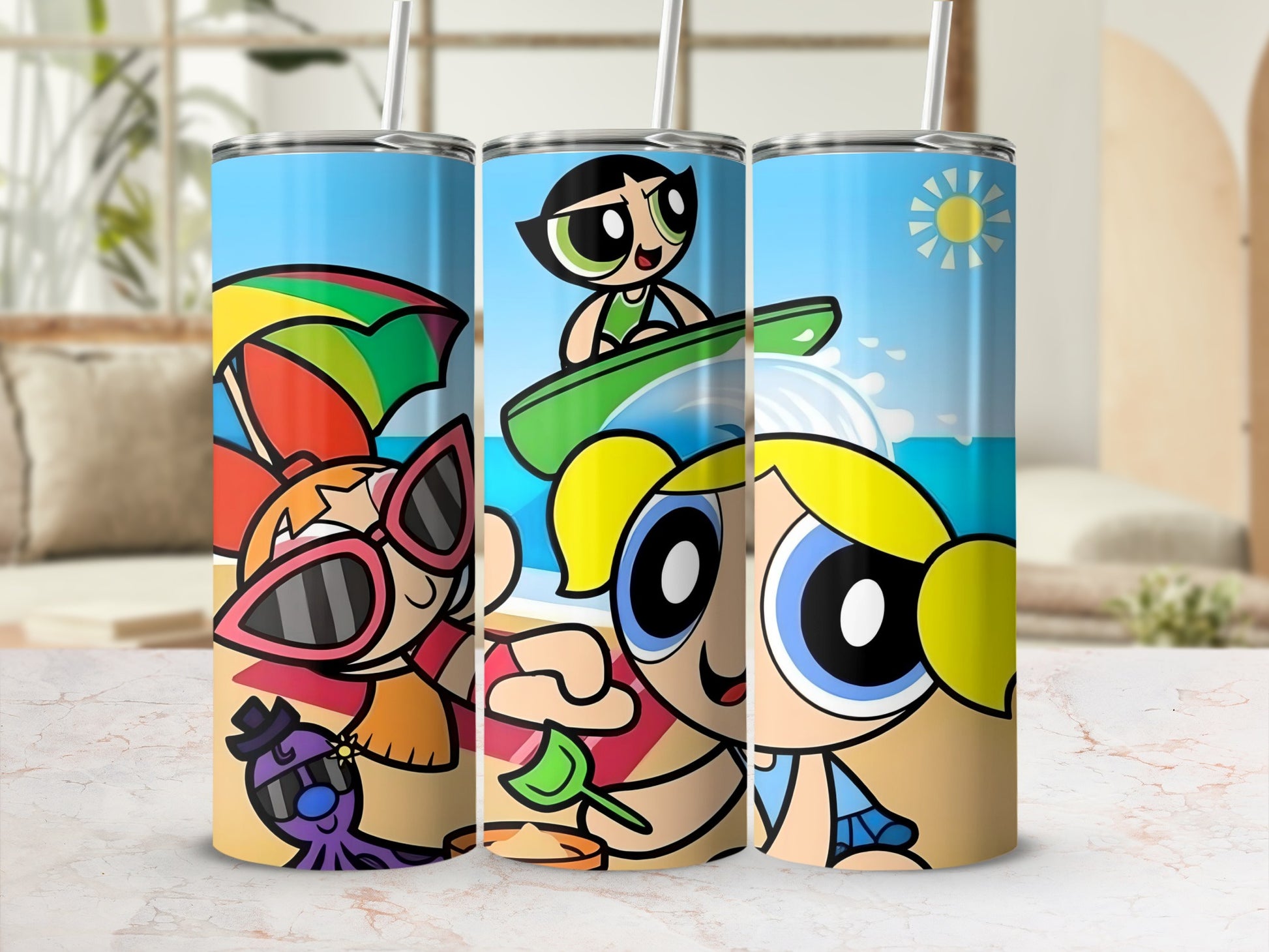 Fun Cartoon Characters Beach Scene Tumbler Cup