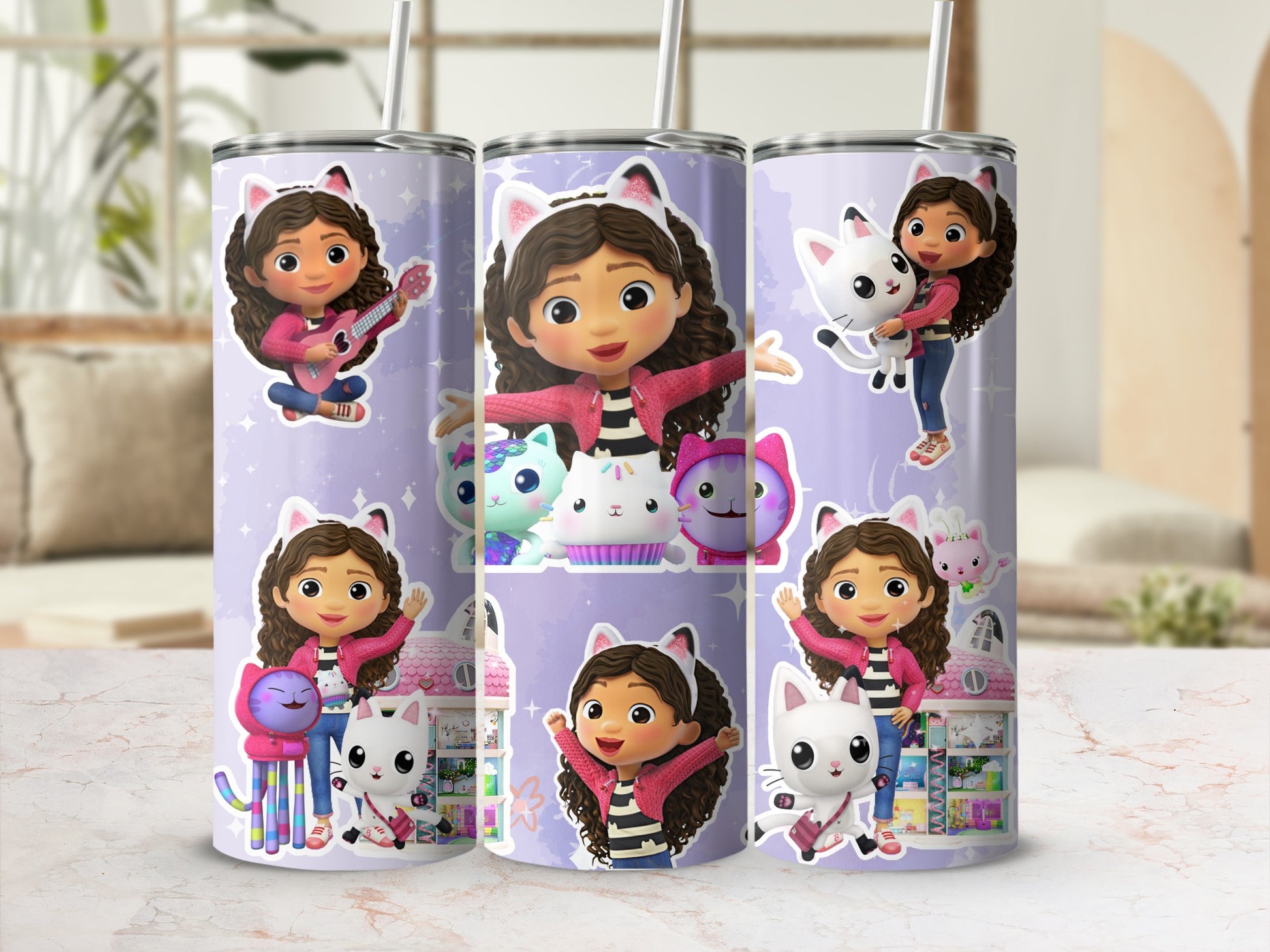 Girl With Cats Themed Tumbler with Straw Long Cup