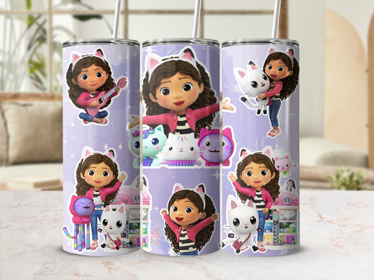 Girl With Cats Themed Tumbler with Straw Long Cup