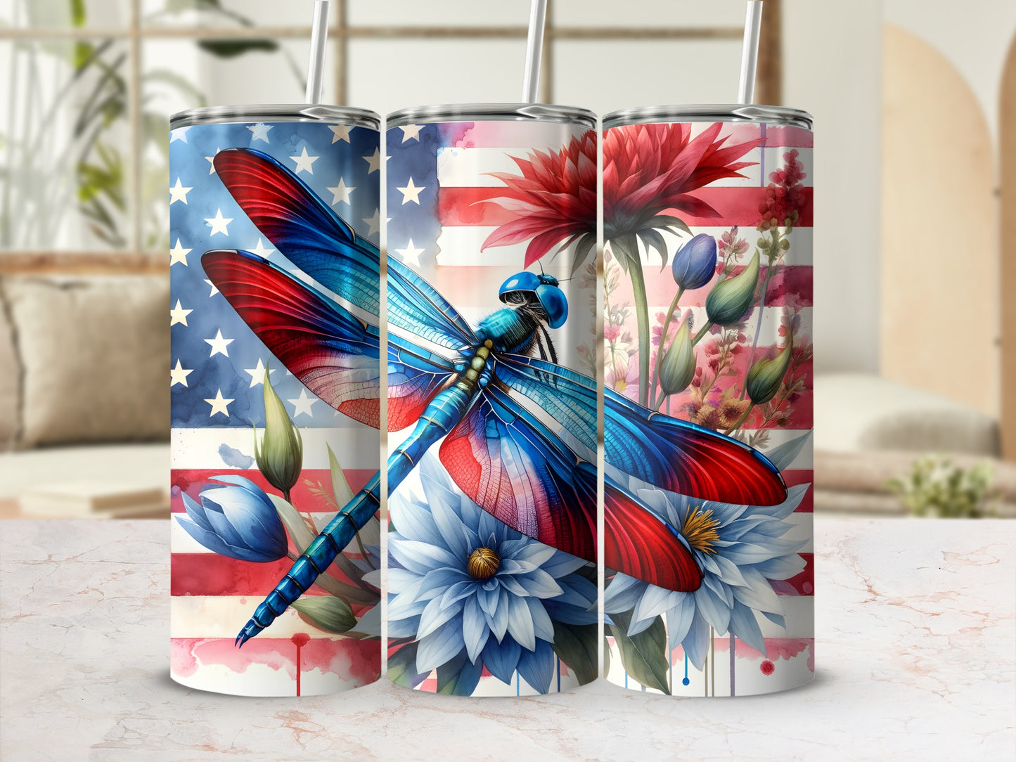 Dragonfly on American flag background with floral accents.