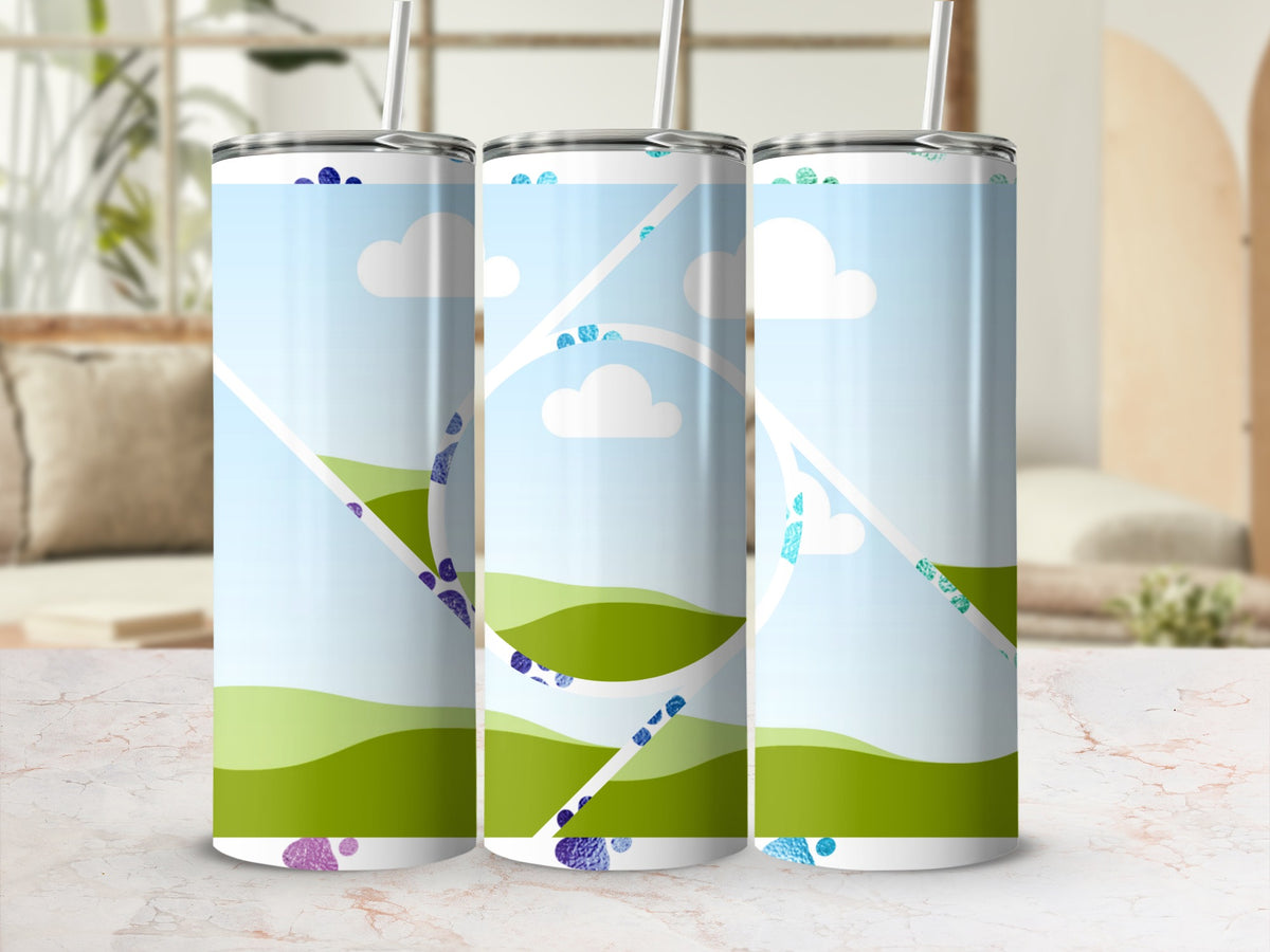 Three tumblers with a sky, clouds, and rolling green hills design.