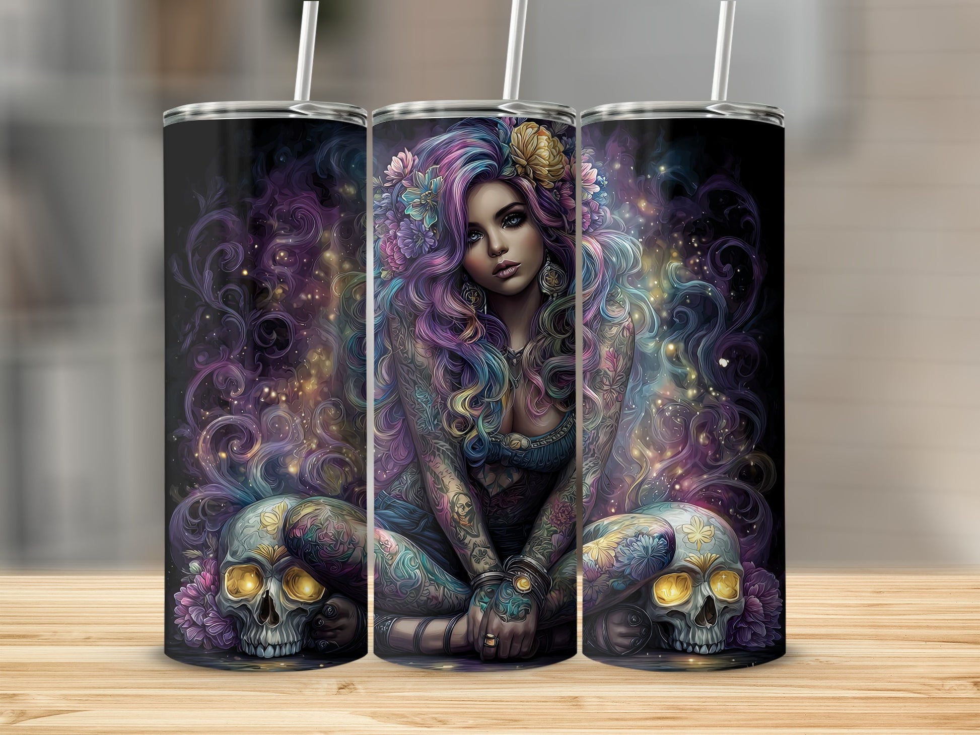 Colorful Tattooed Woman with Skulls Tumbler