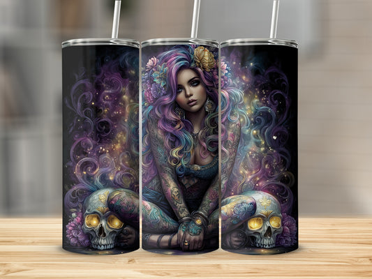 Colorful Tattooed Woman with Skulls Tumbler