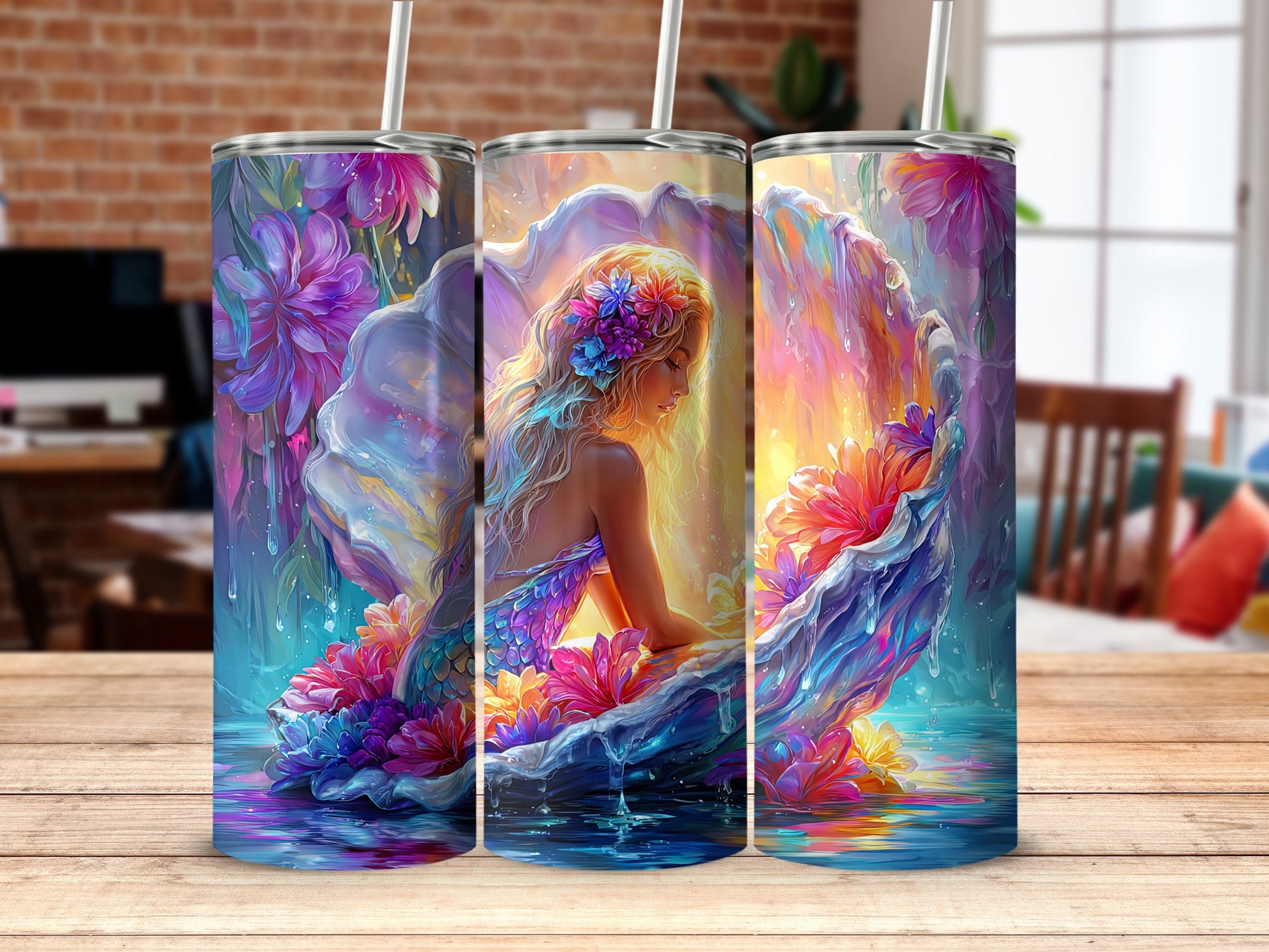 Colorful Mermaid Sitting in Seashell Art Tumbler