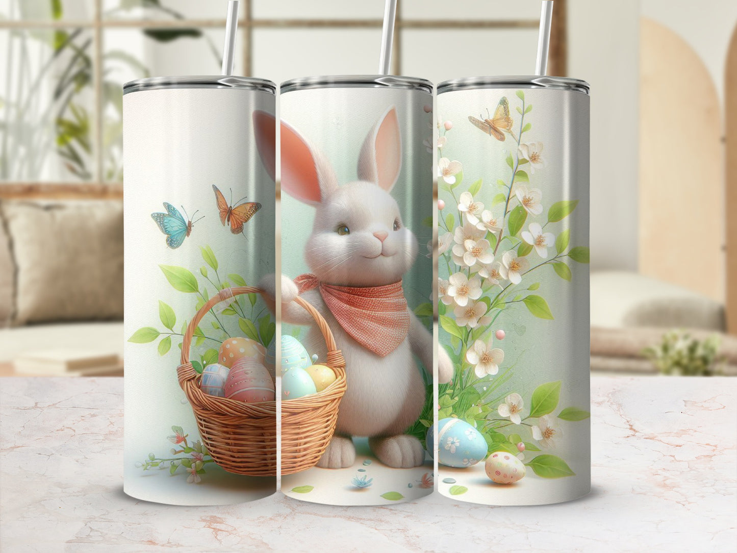 White bunny with Easter eggs in basket, surrounded by flowers and butterflies.