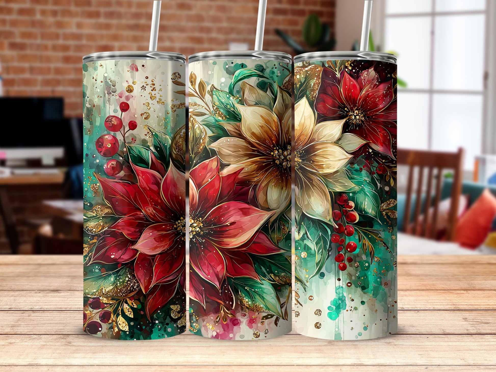 Floral Red White and Green Holiday Tumbler