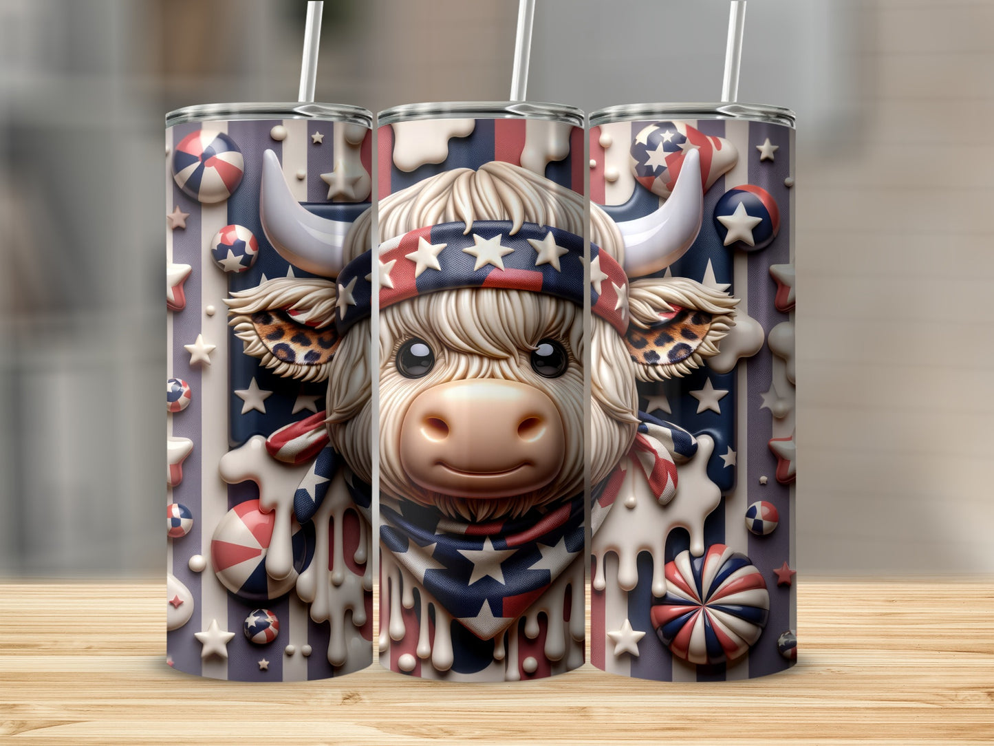 Three tumblers featuring a cow wearing a patriotic bandana and stars.