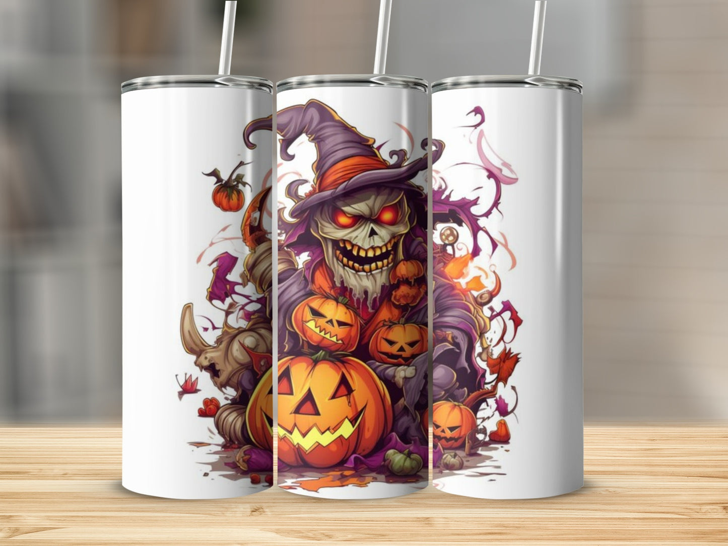 Three tumblers show a Halloween design with a grinning skeleton wearing a witch hat.