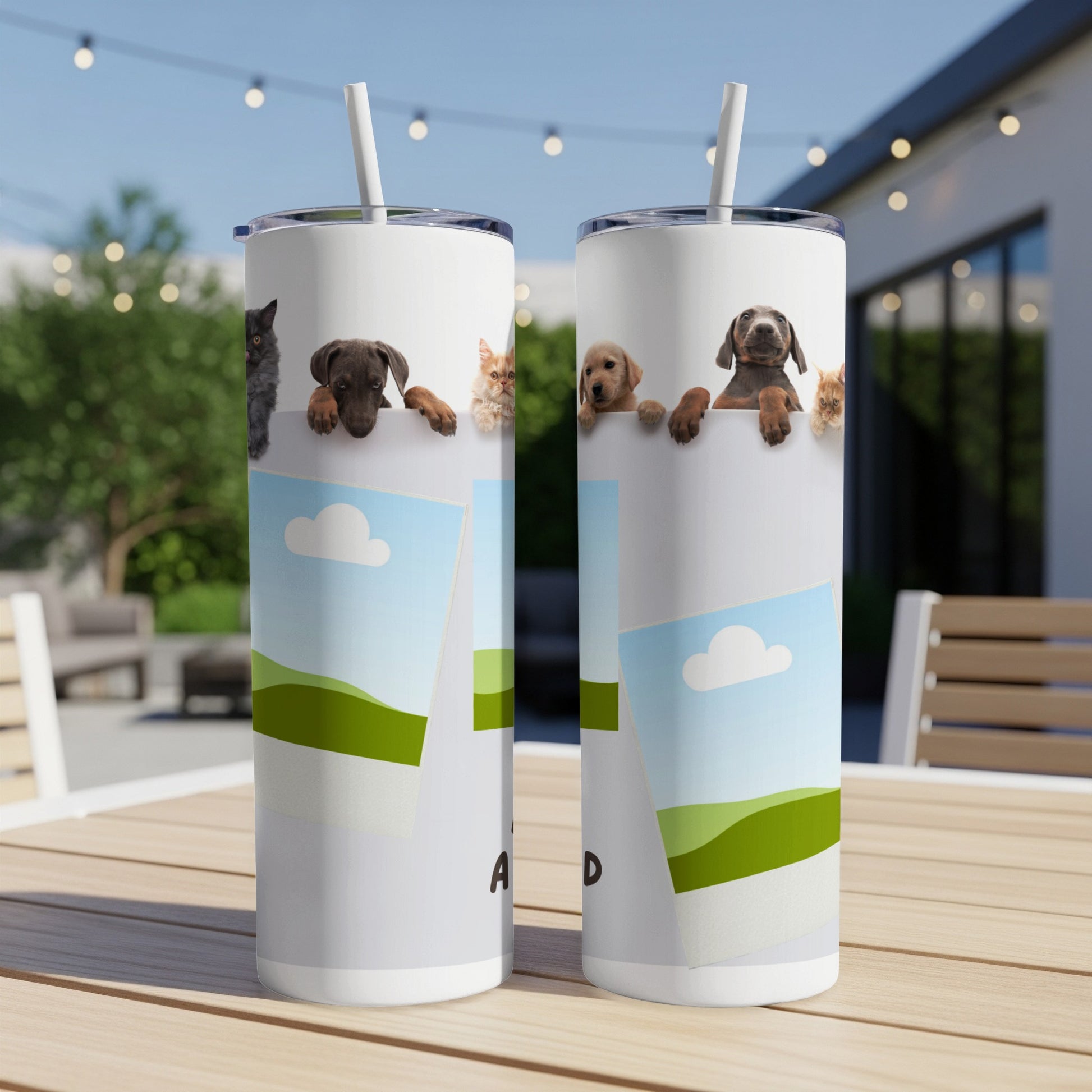 Two tumblers with puppies and kittens peeking over a white border.