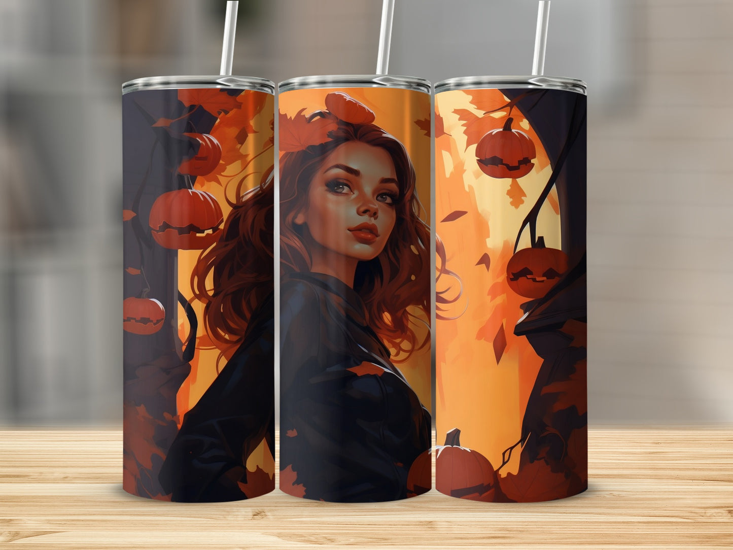 Three tumblers with a Halloween theme featuring a woman and pumpkins.