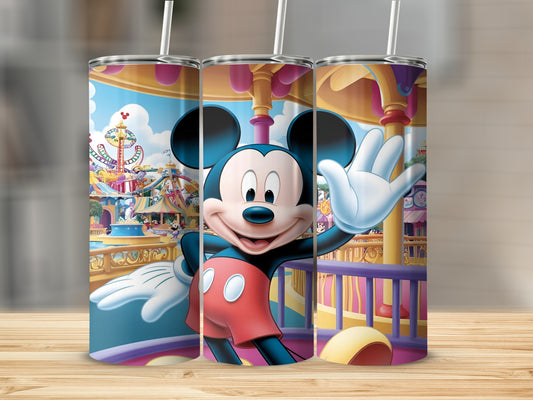 Mickey Mouse waves hello in front of a colorful amusement park scene.
