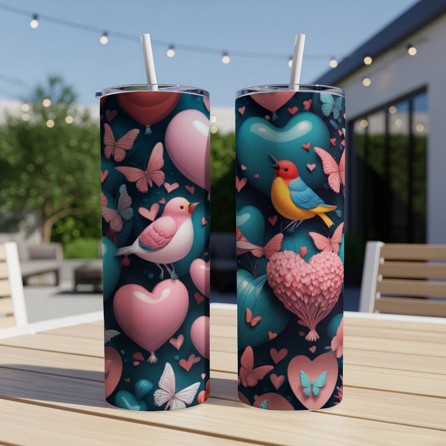 Two tumblers with pink and teal hearts, butterflies, and birds.