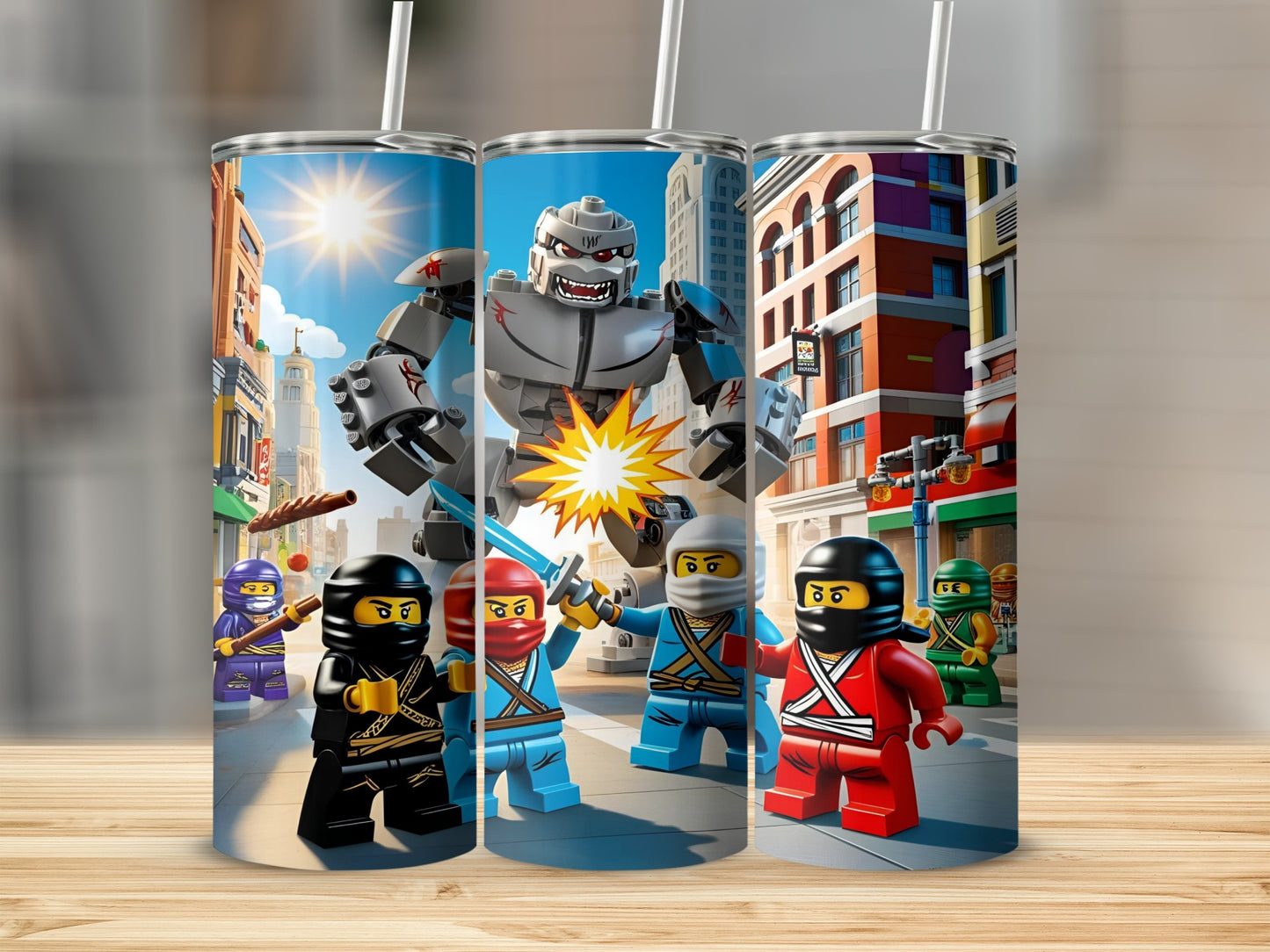 Lego Ninjago characters battling a robot in a city street.