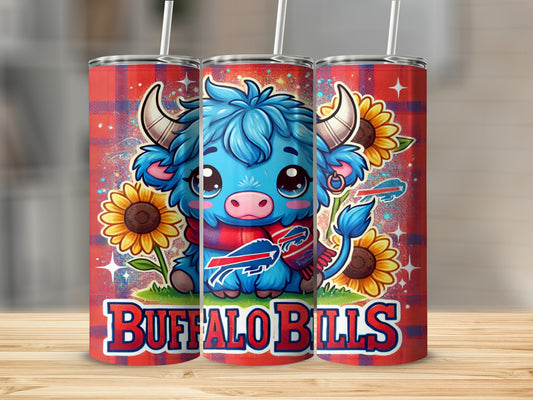 Buffalo Bills themed cartoon bull with sunflowers on a red plaid tumbler.