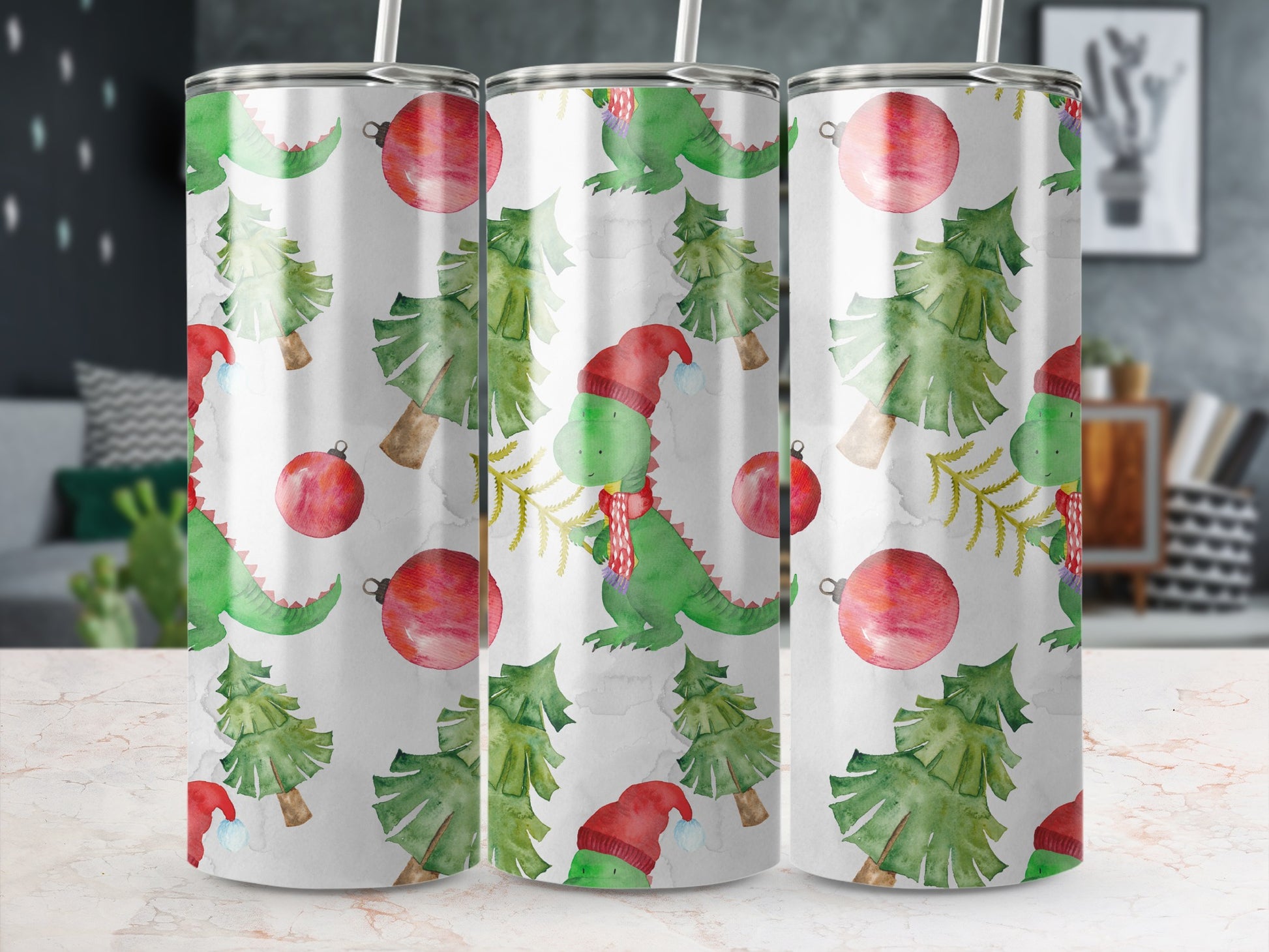 Christmas watercolor pattern with dinosaurs, trees, and ornaments on a tumbler.