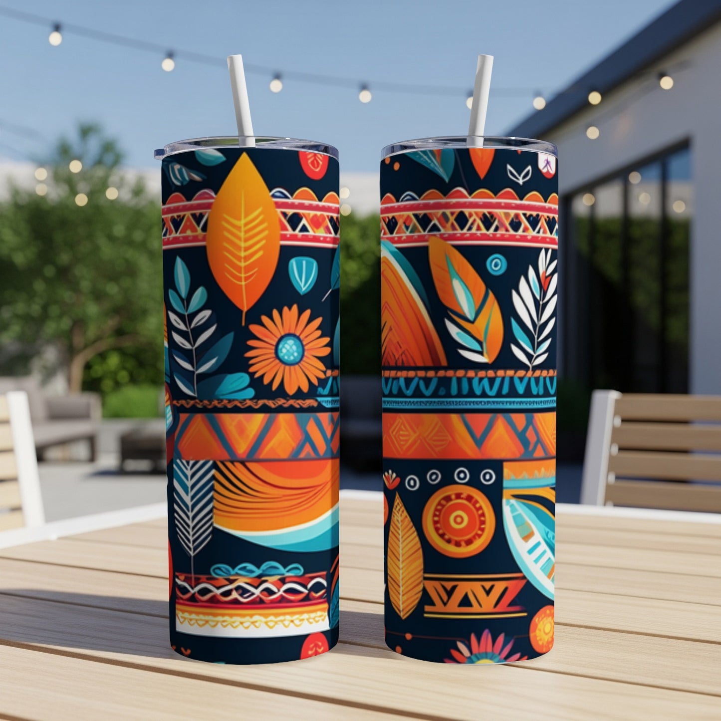 Two tall tumblers with a colorful tribal and floral pattern.